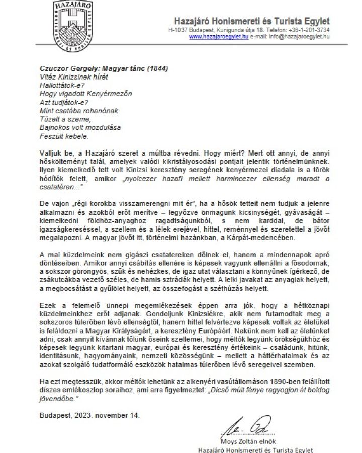 Moys Zoltán elnök üdvözlő sorai