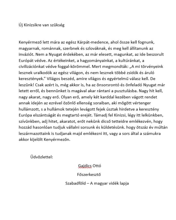 Gajdics Ottó főszerkesztő üdvözlő sorai